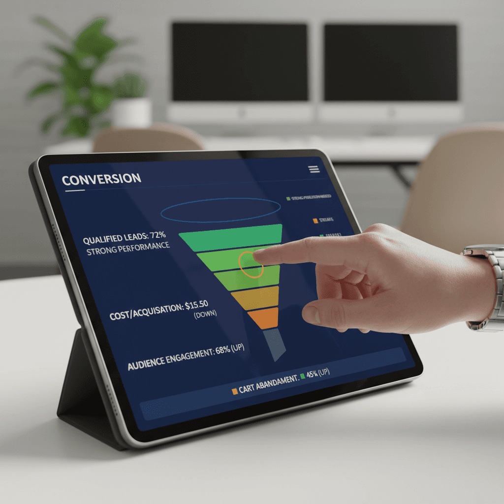 Close-up of marketer's hand pointing to conversion funnel and performance metrics displayed on high-resolution tablet screen